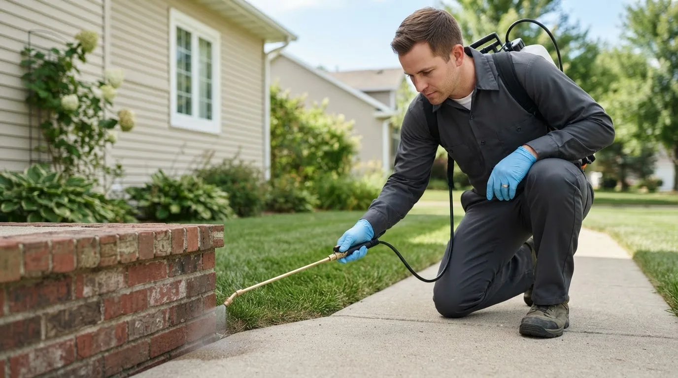 Pest control technician treating a home near Chicopee, MA